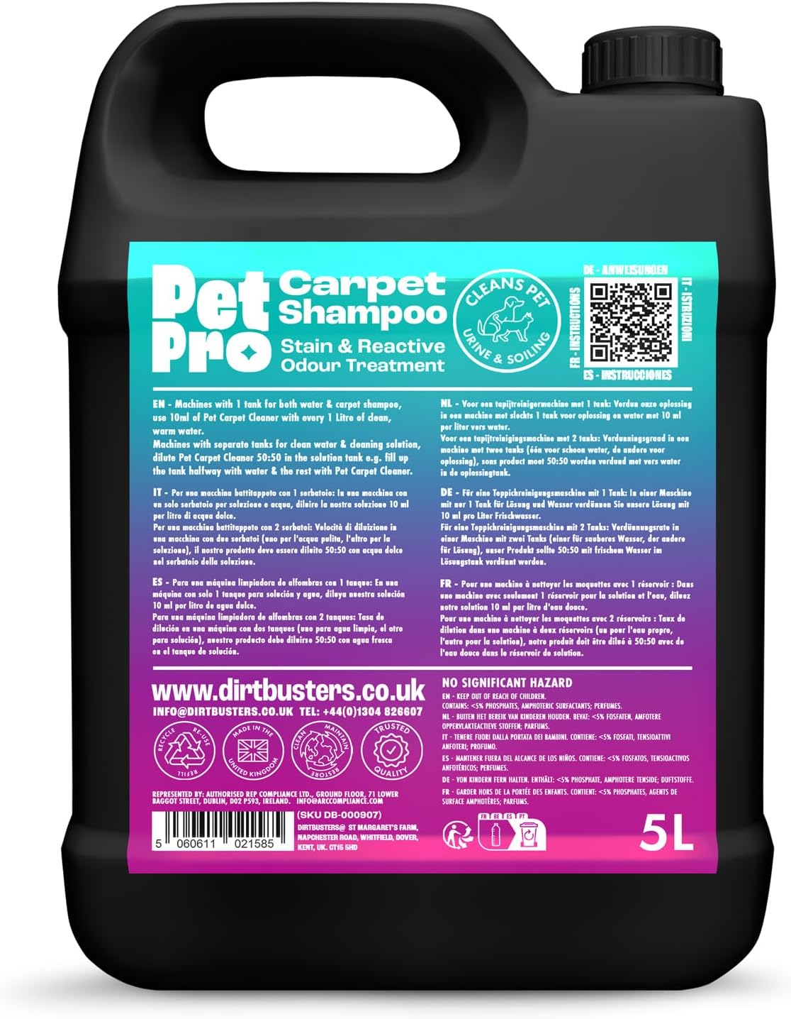 Dirtbusters Pet Pro Carpet Cleaner Shampoo Solution, Stain Remover (5L)