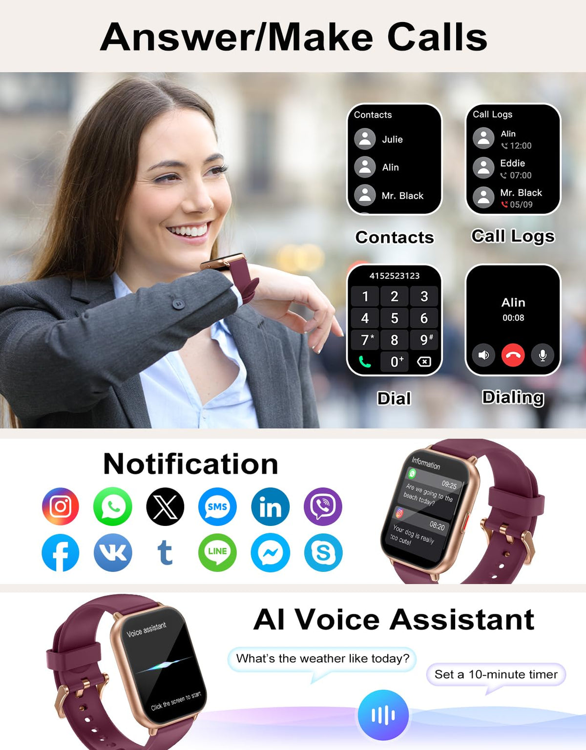 RUIMEN Smart Watch Answer Dial Call,Smart Watches for Women Men 1.85" HD Screen Fitness watch with SpO2 Heart Rate Sleep Monitor Step Counter Waterproof 100+ Sports Mode for Android iOS (2 Bands)