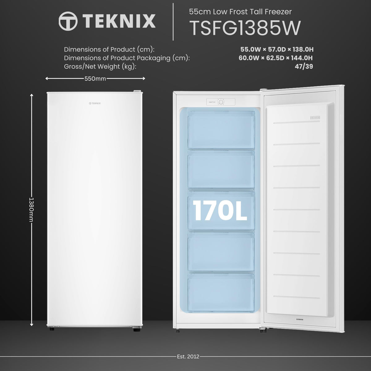 Teknix UC48F2W Freestanding Undercounter Freezer - 48cm Width / 60 Litre Capacity - Suitable for Outbuildings - 3 Large Compartments - 4 Star Freezer Rating - White