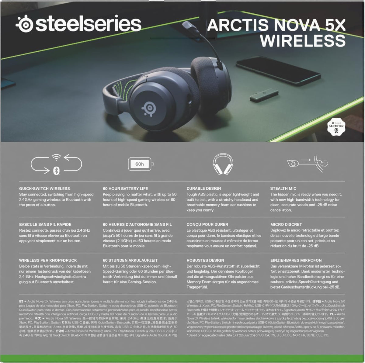 SteelSeries Arctis Nova 5X Wireless - Xbox Gaming Headset - 100+ Audio Presets via App - Neodymium Magnetic Drivers - 60H Battery - 2.4GHz/BT - ClearCast Gen2.X Mic - Supports PC, PS, Mobile