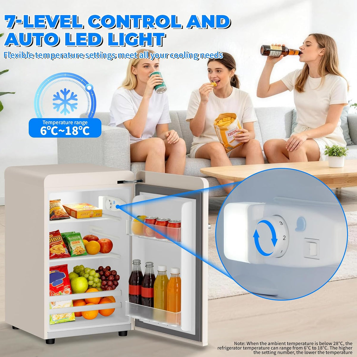 Retro Mini Fridge, 72L Compact Refrigerator, 43dB Quiet Operation, Adjustable 7-Temp Control, with LED Light, for Bedroom, Office, Kitchen & RV