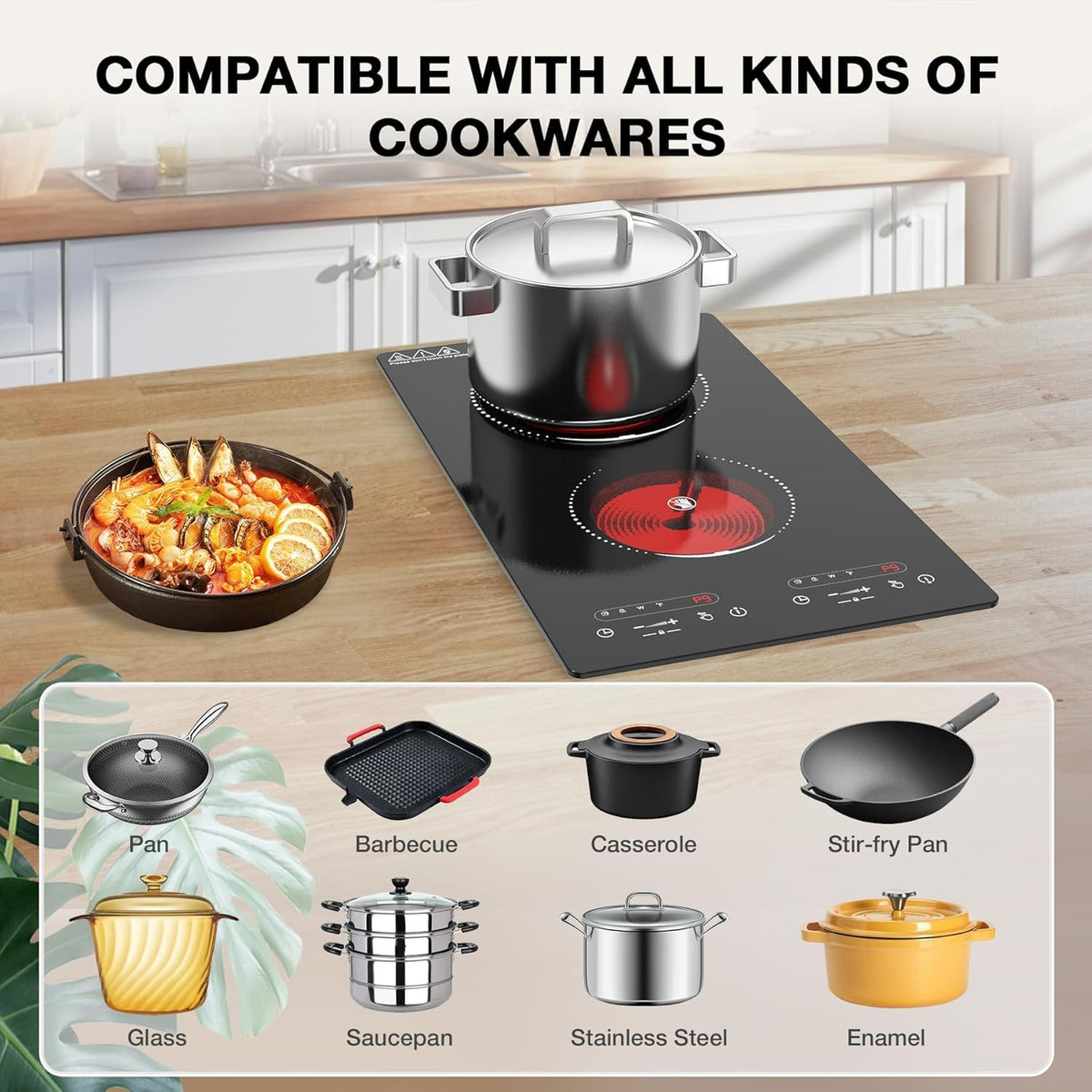 VBGK 2 Ring Electric Hob with Knob, 220V 3000W Double Ceramic Hob, 9 Power Levels, Kids Lock & Timer, Hot Surface Indicator, Overheat Protection, Knob and Touch Control Double Electric Hob