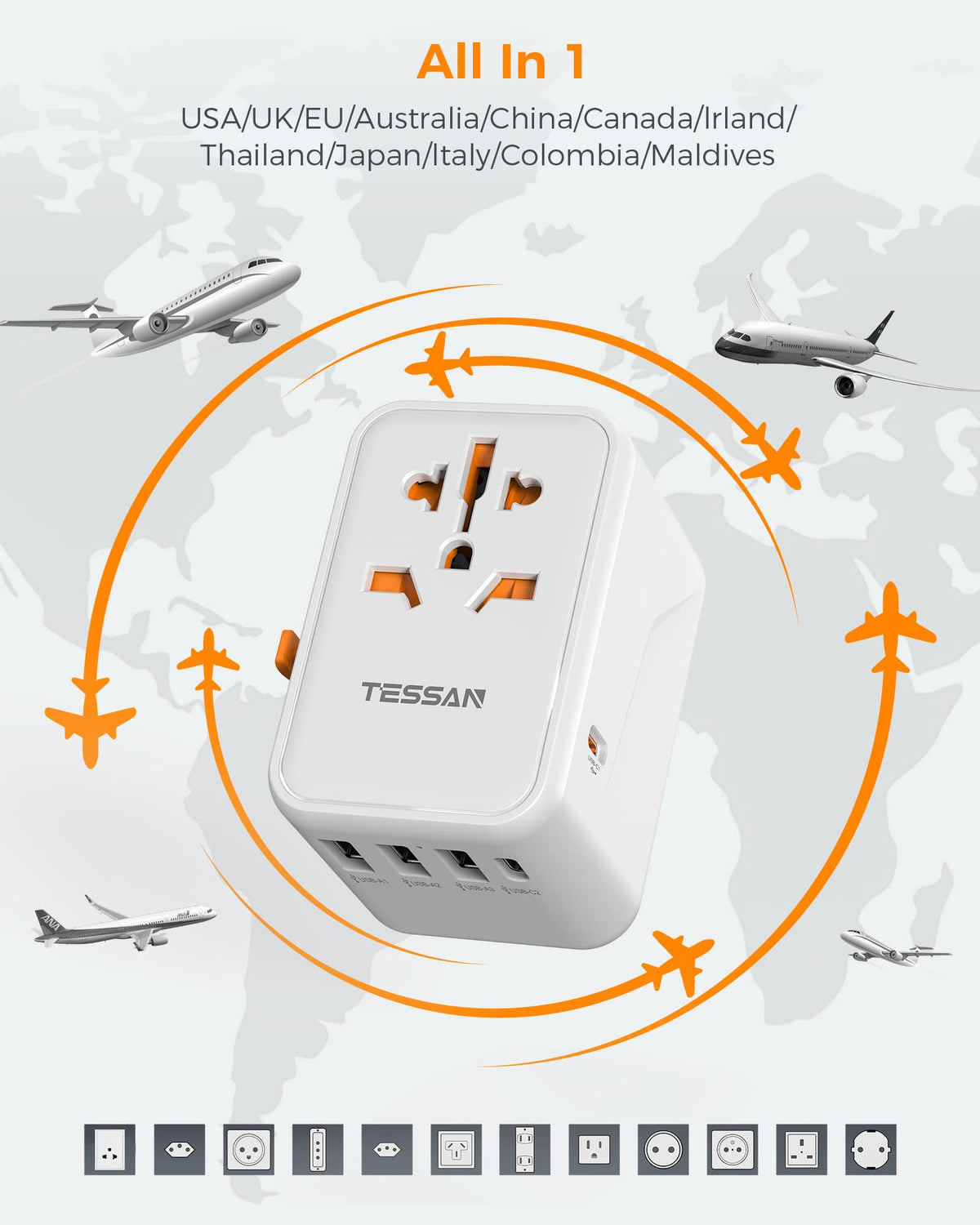 TESSAN Universal Travel Adapter Worldwide with 2 USB C for EU USA AU