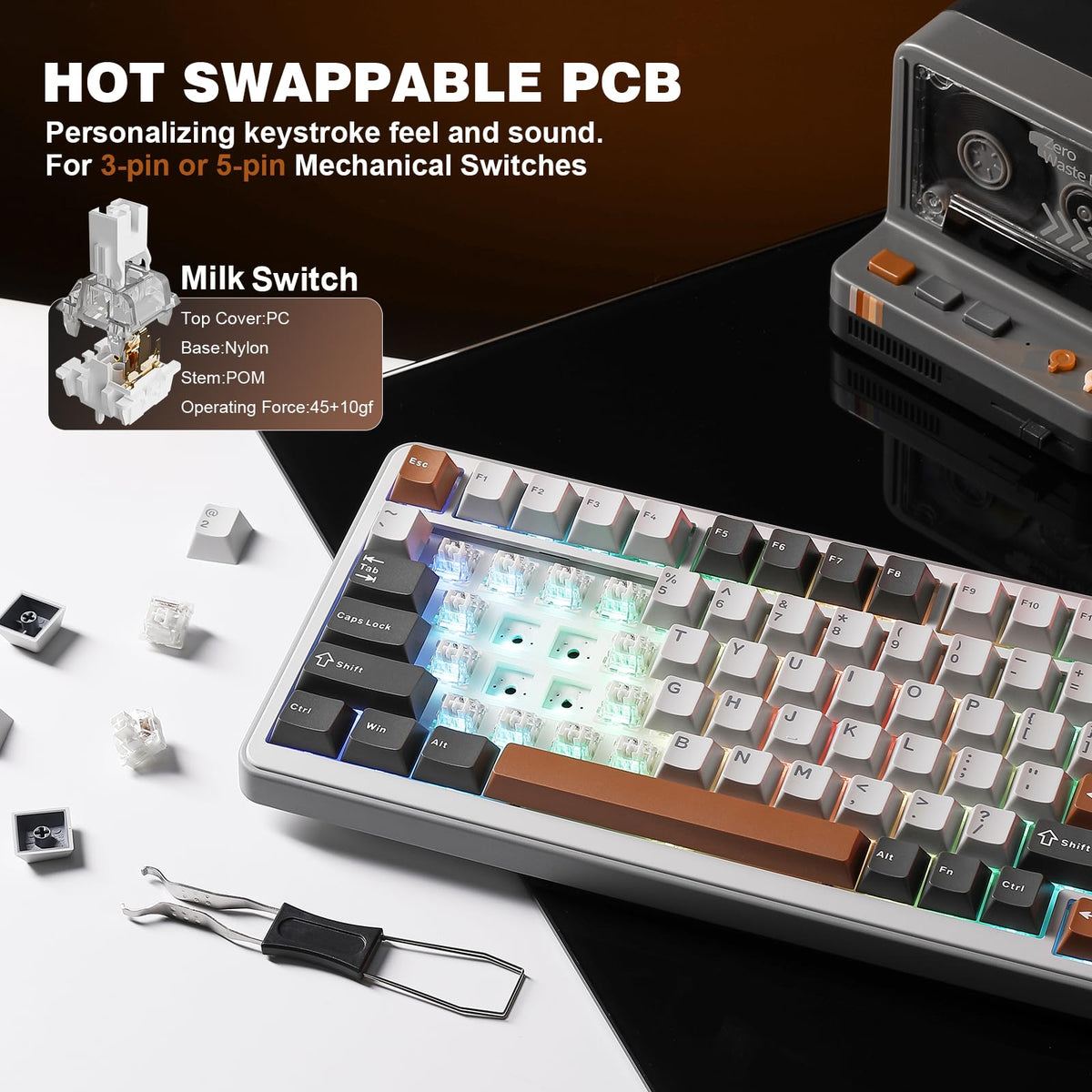 YUNZII B75 PRO 75% Wireless Mechanical Keyboard (Black Heart,Cocoa Switch)