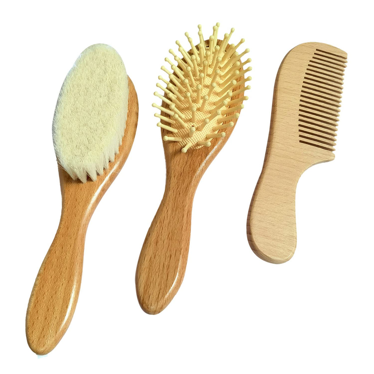 3PCS Baby Hair Brush with Wooden Handle and Comb Set for Newborns & Toddlers | Natural Soft Goat Bristles l Wood Comb l Green Cradle Cap Brush | Ideal for Cradle Cap