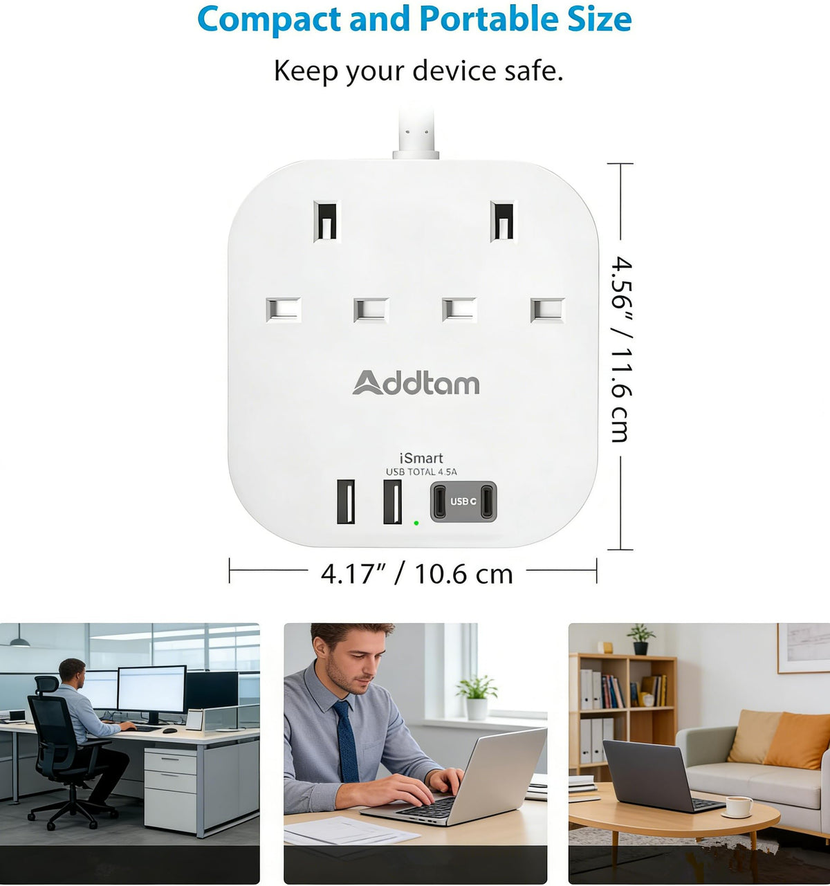 Addtam 3M Extension Lead with USB Slots, Power Strips with 2AC Outlets 4USB