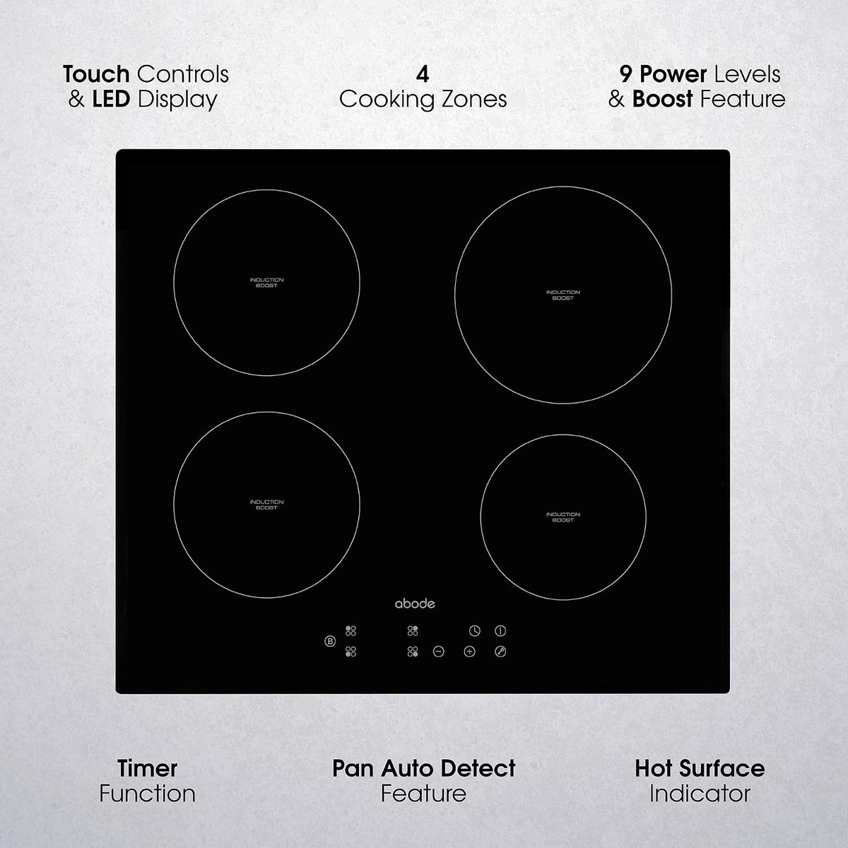 Abode Electric Hob 59cm Ceramic Cooktop with 4 Cooking Zones, 9 Power Levels, Touch Control & Easy Clean, Safety Cut Off, Timer & LED Display, Child Lock & Keep Warm Features A60EH301B