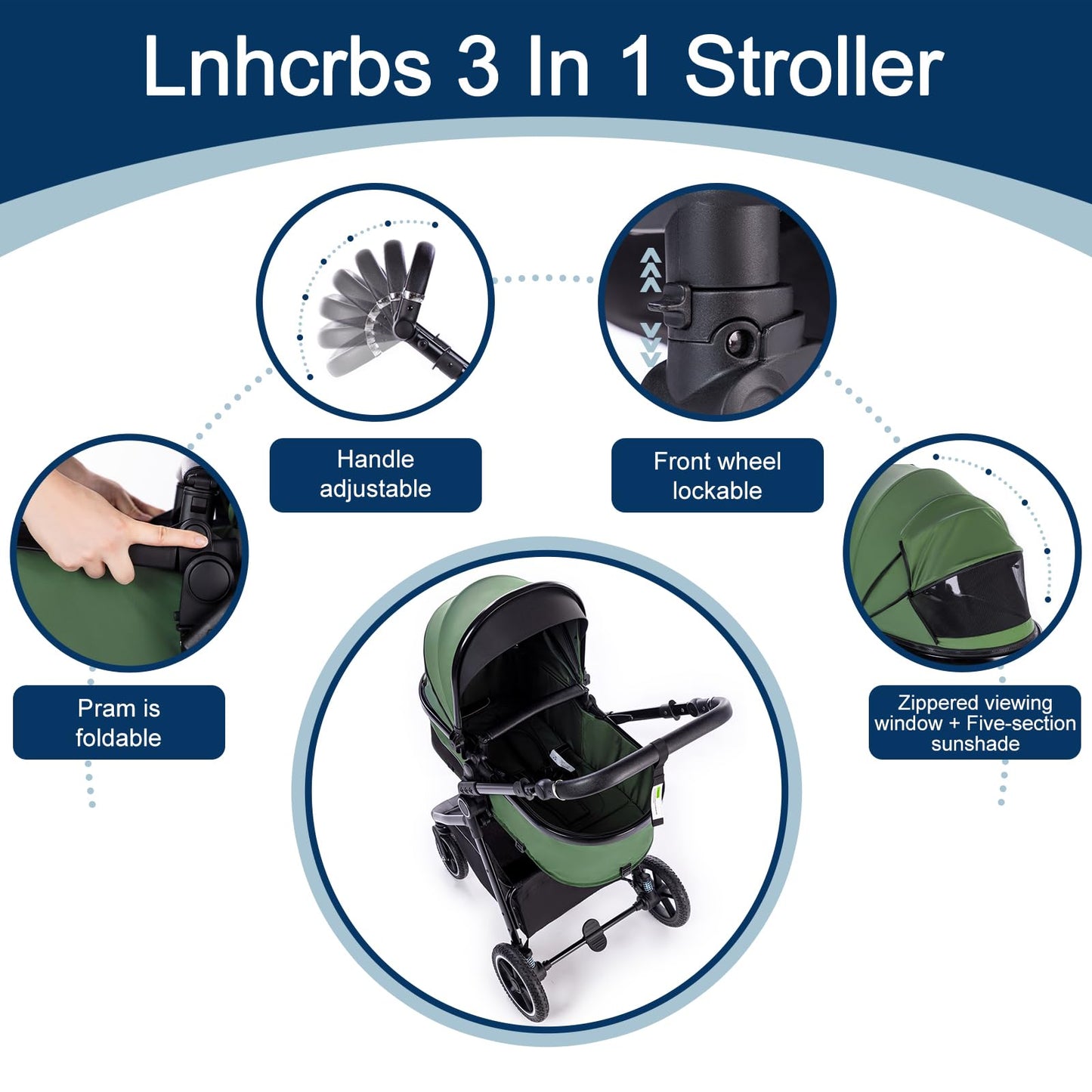Baby Stroller 3 in 1,Travel Pushchair's Lie-Flat Pram is Foldable, Stroller System Handle is Adjustable, The Wheels are Made of PU Material, Suitable for 0-3 Years-Khaki