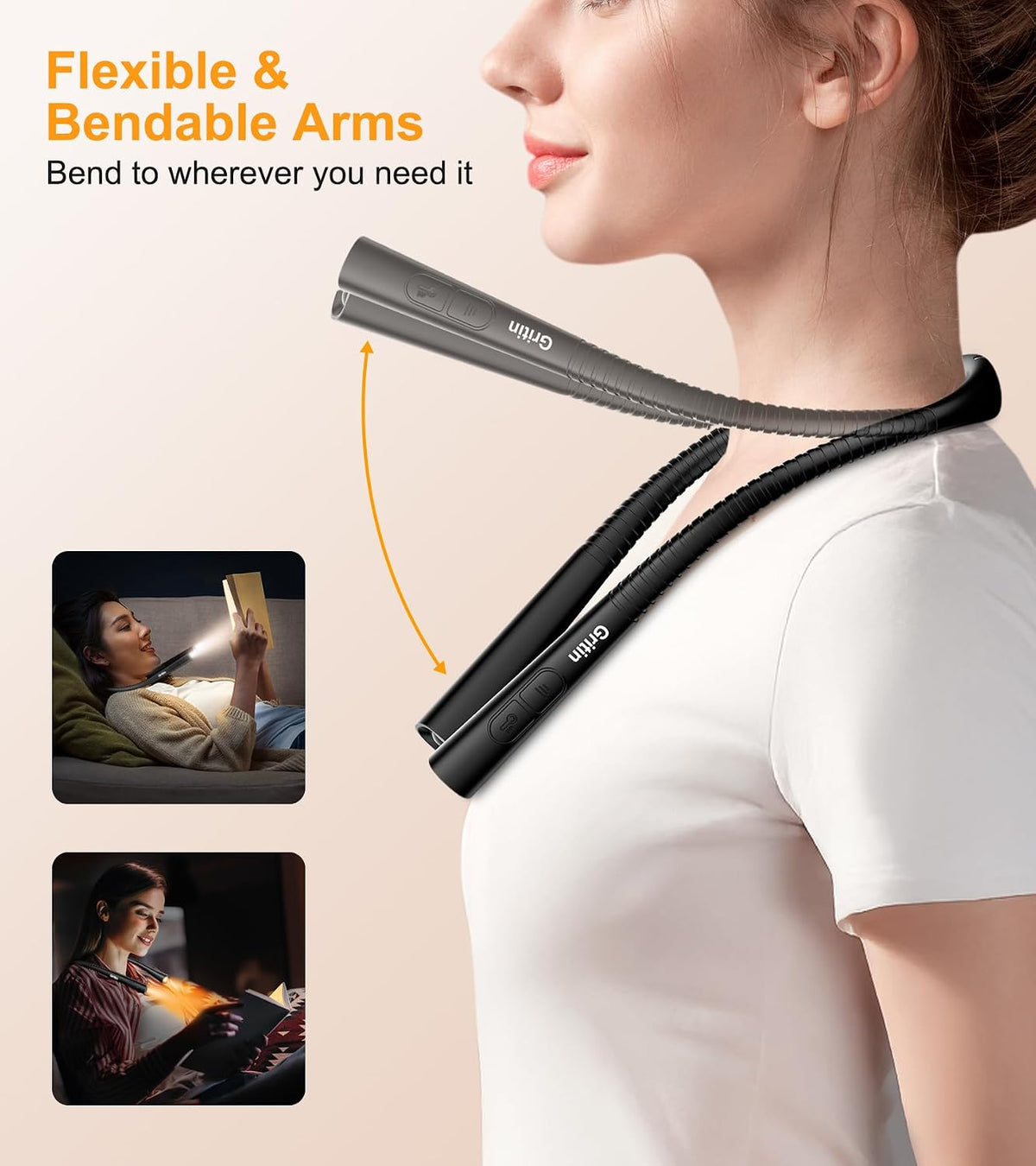Gritin Book Light, Eye Caring 4-Color&5-Brightness Neck Light Reading Lamp