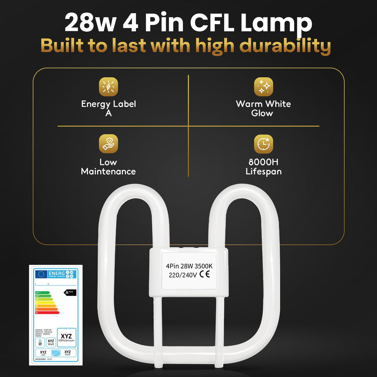 Quebec 16W 2D Square 2-Pin GR8 Cap Compact Fluorescent Lamp, Warm White 3500K, Non-Dimmable CFL Light Bulb, Energy Class A, AC 230V, DD Flat Butterfly Bulb for Flush Mount Ceiling Lighting, 8000 Hours