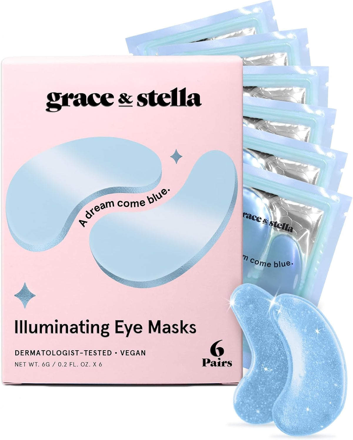 grace & stella Award Winning Under Eye Patches for Dark Circles - Illuminating Under Eye Masks for Puffy Eyes - Undereye Gel Patches with Niacinamide - Vegan - Gifts for Sisters (6 Pairs, Blue)