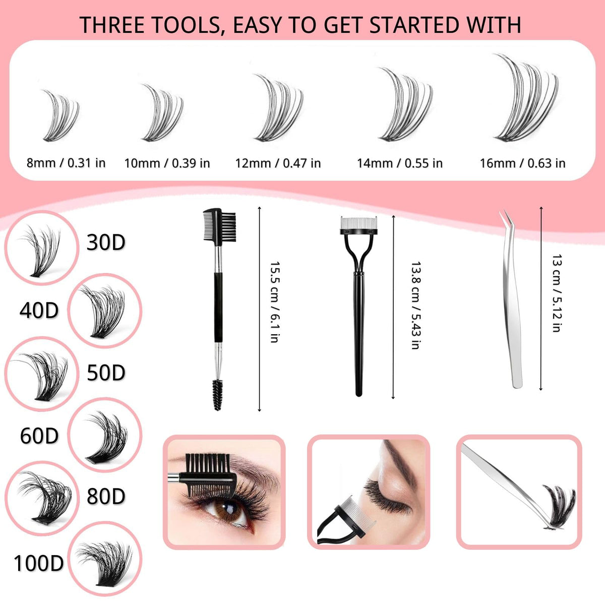 KEYRI 580 Pieces Individual Eyelashes 30-100D Cluster Lashes Kit