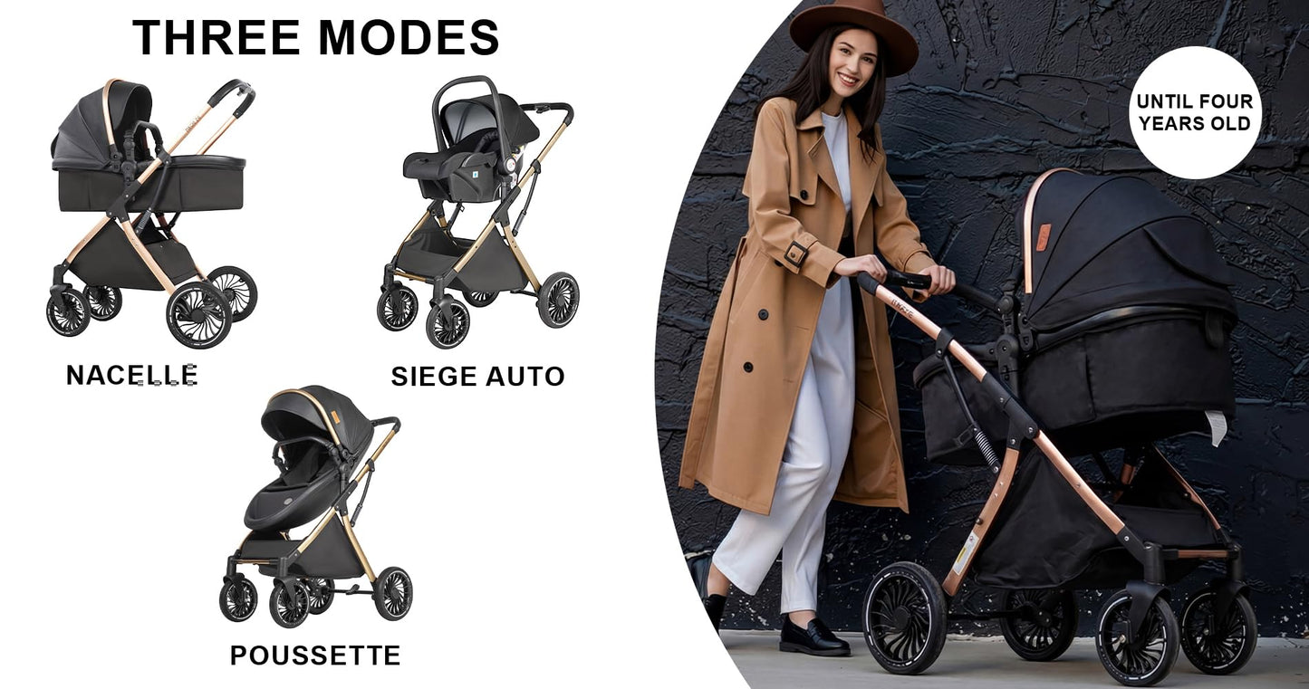 PU Leather 3 in 1 Pushchair Travel System, Toddler Stroller, Baby Pram 3 in 1, Infant Carriage with One-Click Folding, Newborn Buggy with Aluminum Frame (V6 Black)