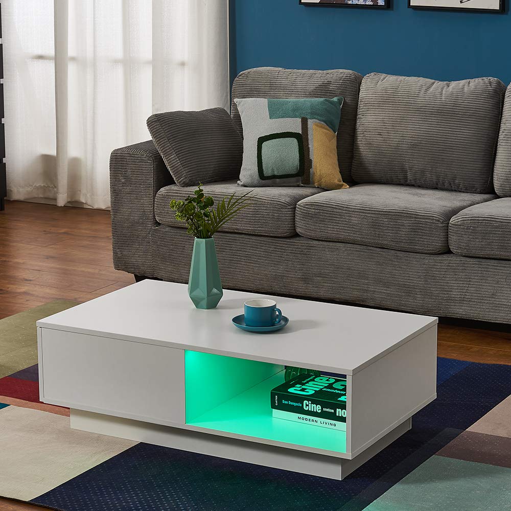 Panana Wooden Coffee Table with Storage Drawer and Shelf Wood Sofa Side End Table with LED Lighting Home Office Living Room Furniture (White)