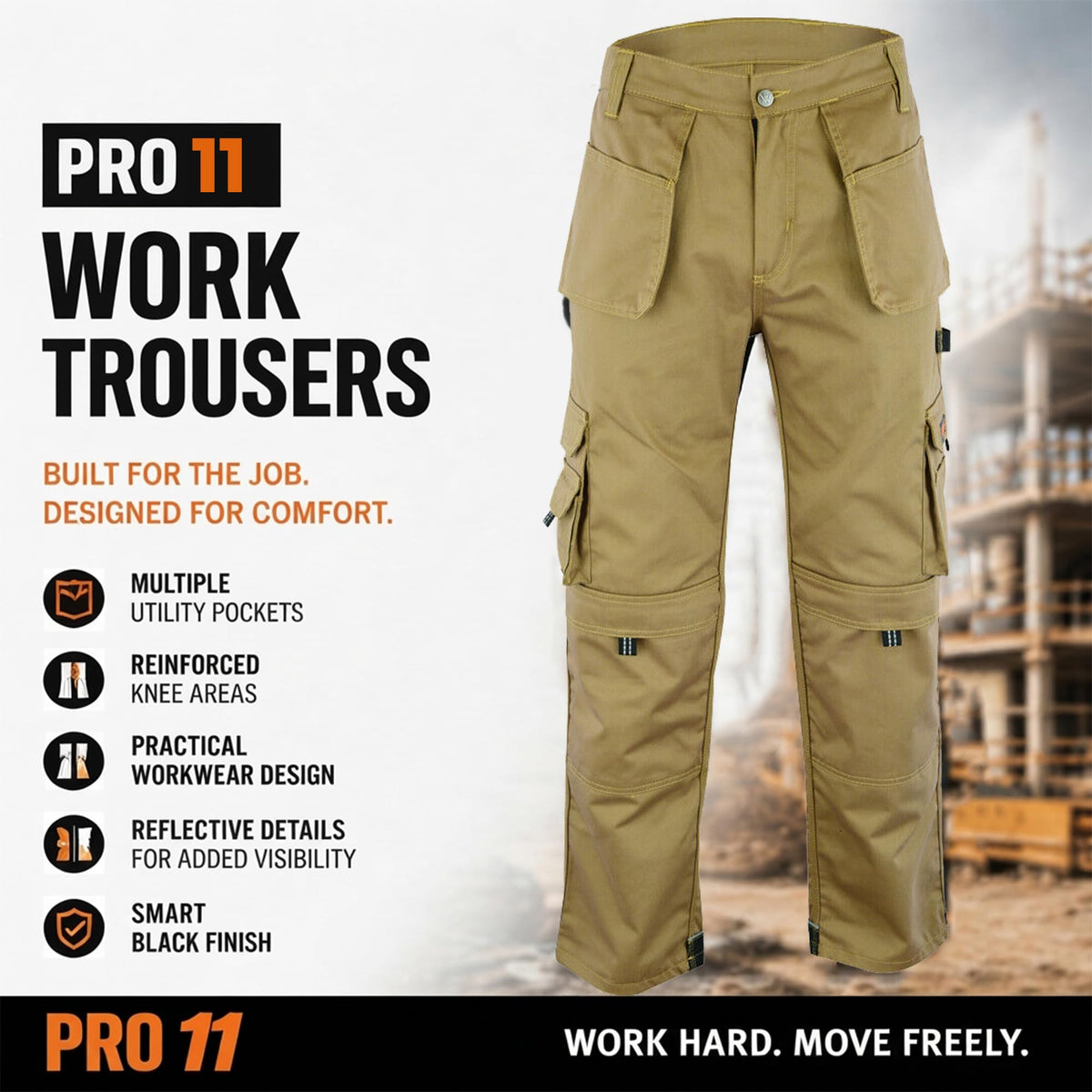 WrightFits Men Pro-11 Work Trousers Black - Heavy Duty Safety Combat Cargo Pant - Multi Pockets & Knee Pad Pockets - Triple Stitched -Durable Work wear (28W-48W)