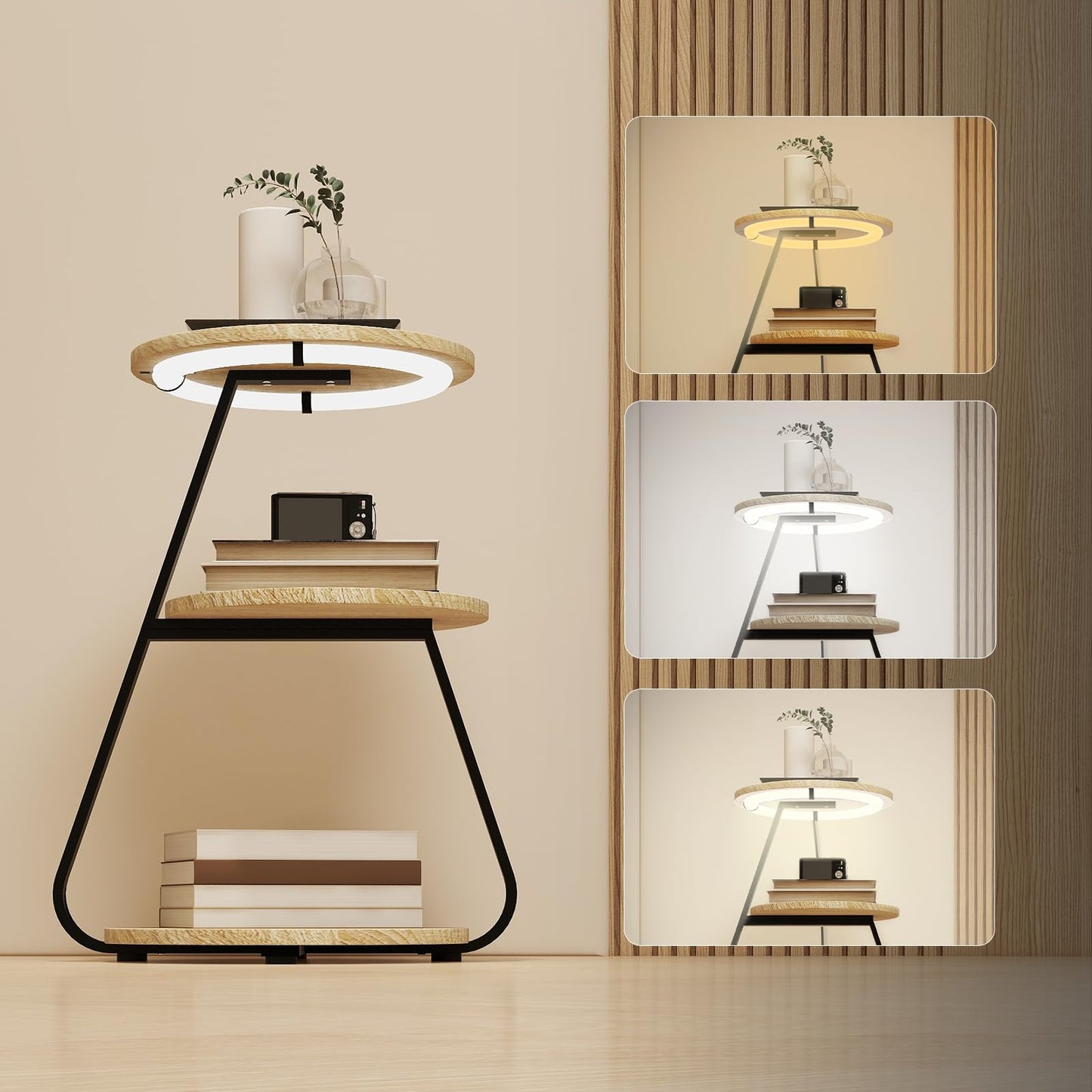 ARTETHYS Side Table, Small Round Coffee Table with 3 Color LED Lights, End Table with 3 Tier Storage Shelves, Bedside Sofa Side Tables for Living Room Bedroom, Rustic Brown