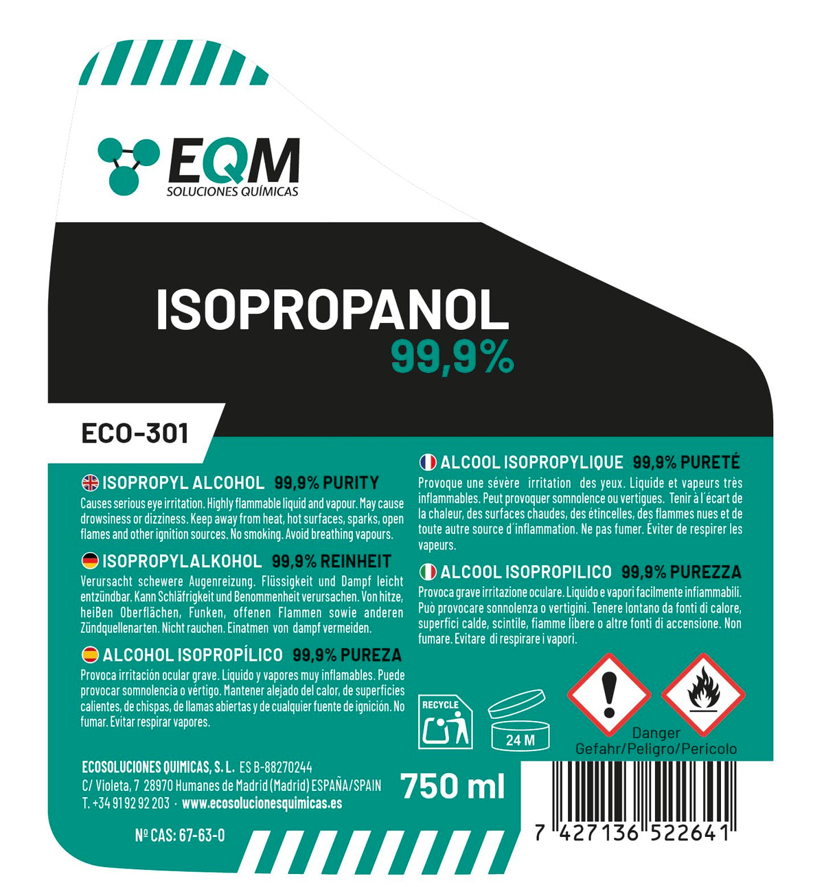 EQM - ECO-301 - Isopropyl Alcohol 99.9% Pure - Cleaning Isopropanol 1L