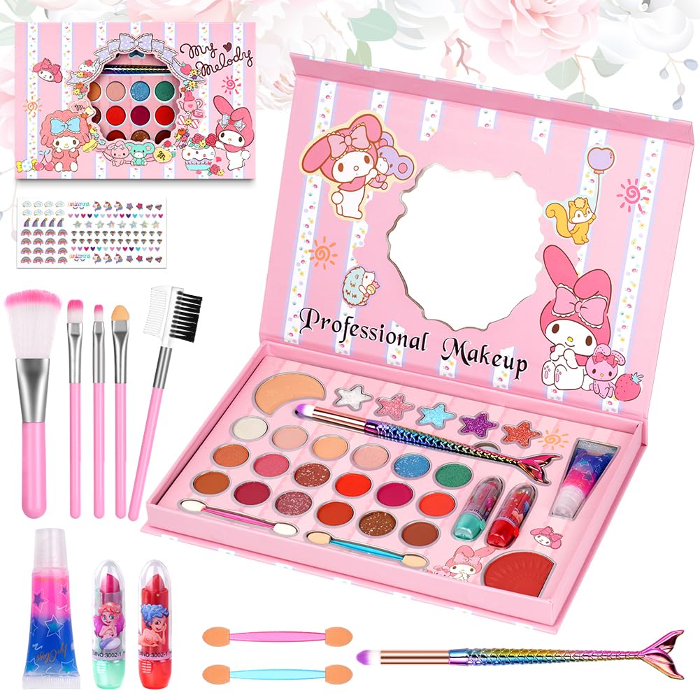 Aomig Kids Makeup Sets for Girls, 37 Pcs Washable Children's Make Up Kit with 8 Brushes, Non-Toxic Cosmetic Beauty Set Gift for Kids, Princess Pretend Play Games Toys Birthday Christmas Presents