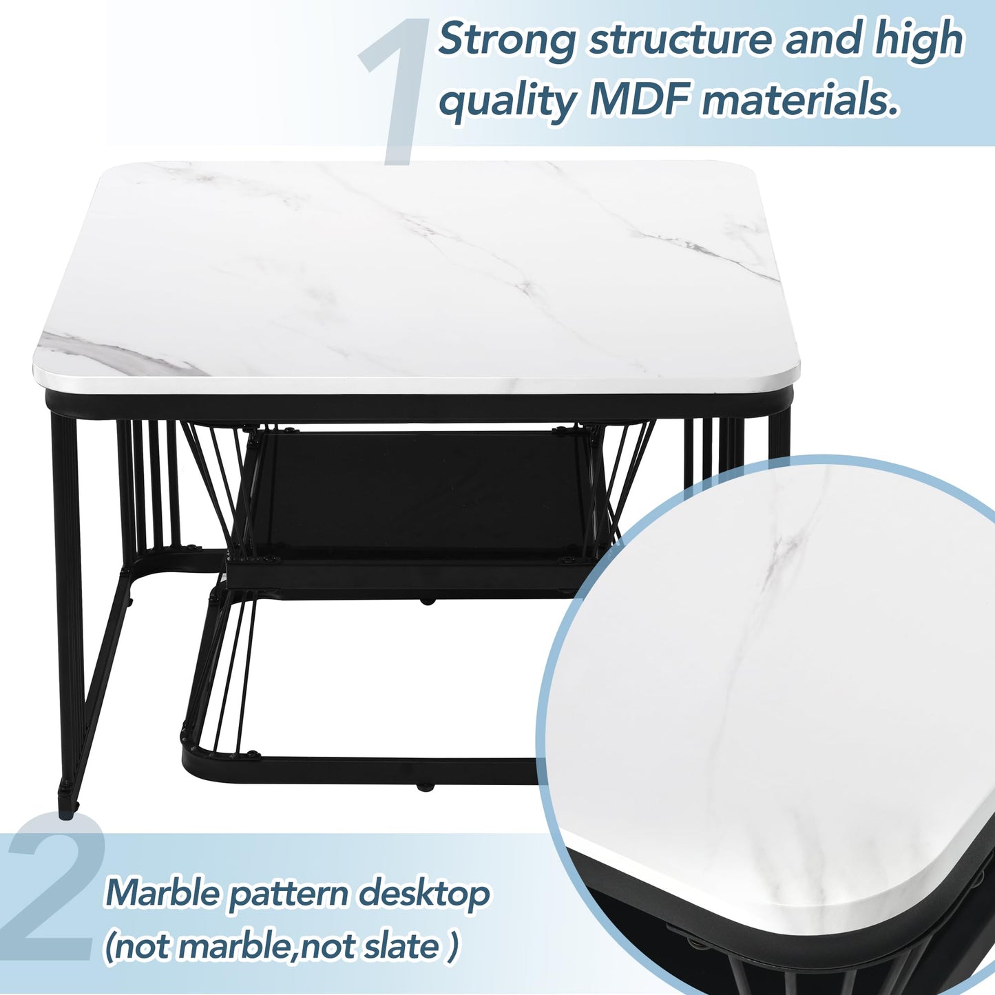 ModernLuxe 2-in-1 Coffee Table, Multi-functional Side Table with Marble Grain Veneer Top, Rattan Drawers, Solid Wood Handles, Gold Coloured Iron Legs, Round Nest of Tables for Living Room, Black
