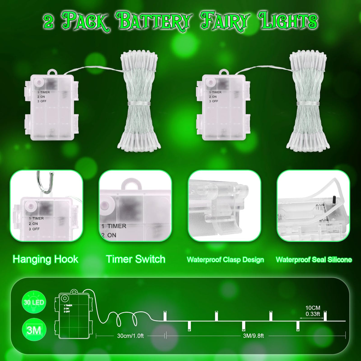 Dalugo Battery Fairy Lights, 3M 30 LED Warm White String Lights with 6h Timer, IP65 Waterproof Battery Powered Fairy Lights for Indoor Outdoor Christmas Decorations