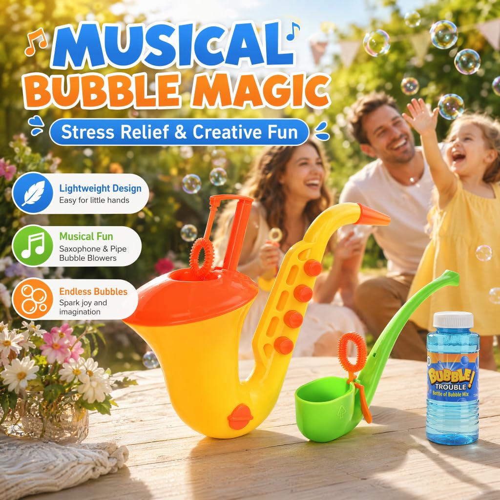 2Pcs Bubble Machine Toys Set, Saxophone Bubble Gun & Pipe Shaped Bubble Blower with Bubble Solution, Kids Outdoor Bubble Toys for Summer Party, Backyard Fun, Birthday Gifts, Reusable Bubble Makers