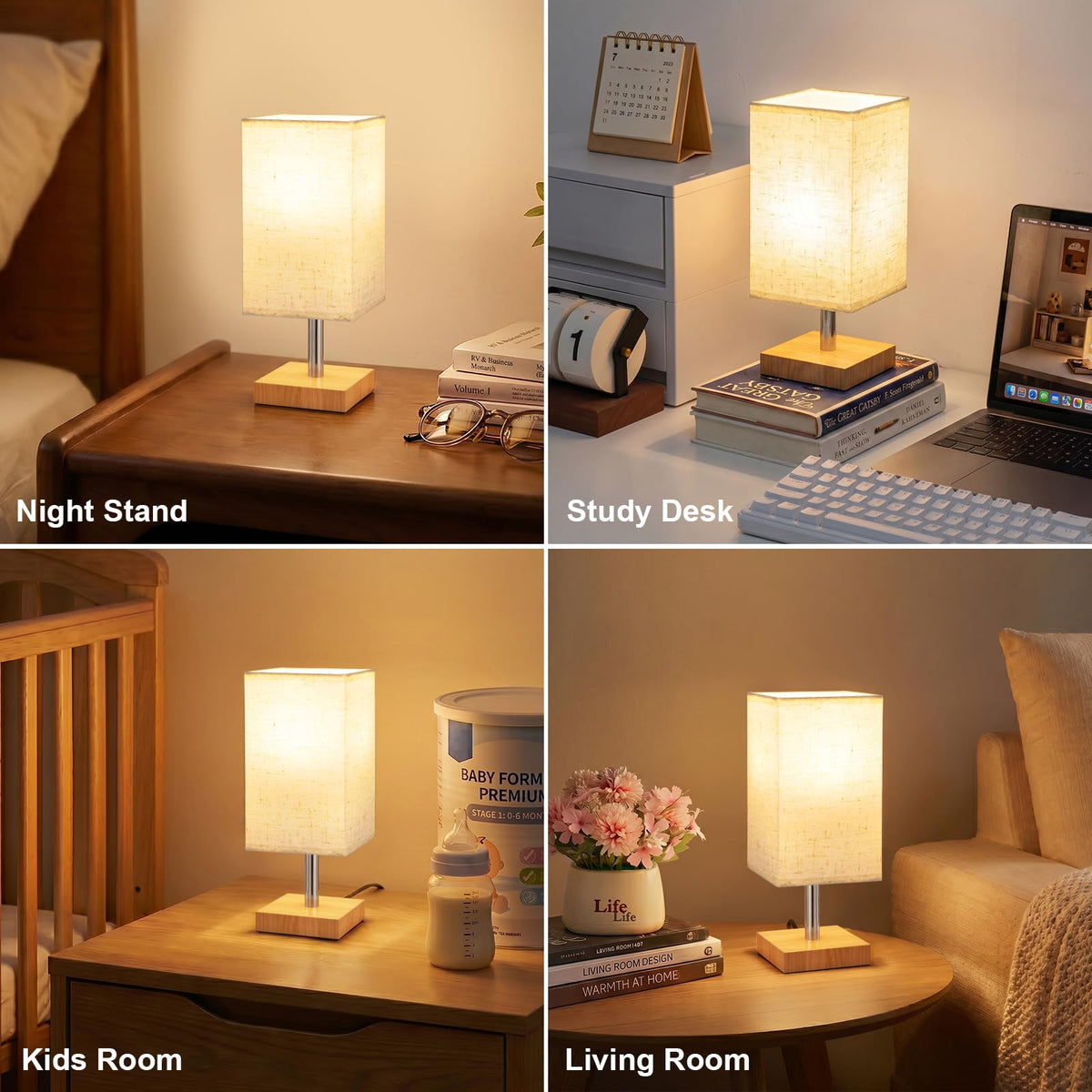 White Table Lamp for Bedroom, Small Bed Lamp with for Bedroom, Silver Base(Bulb Included)