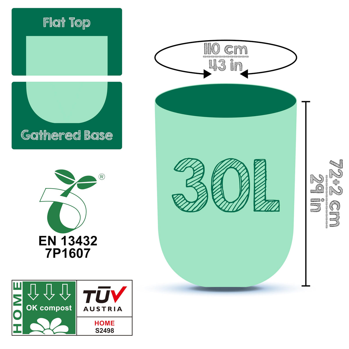 Greener Walker 6L-150Bags 100% Compostable Biodegradable Bin Liners 6L/10L/30L Food Waste Bags with EN13432 Certificate Caddy Kitchen Bin Liners