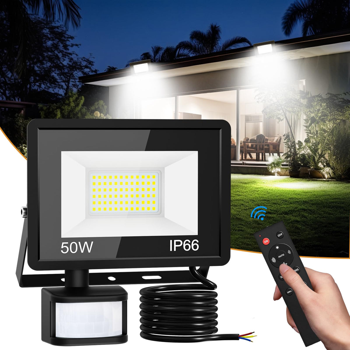 vighep Security Lights Outdoor Motion Sensor, 100W Led Pir Floodlight with Remote Control, 6500K Cold White IP66 Waterproof Outside Wall Light Mains Powered for Garage Backyard Garden Doorway