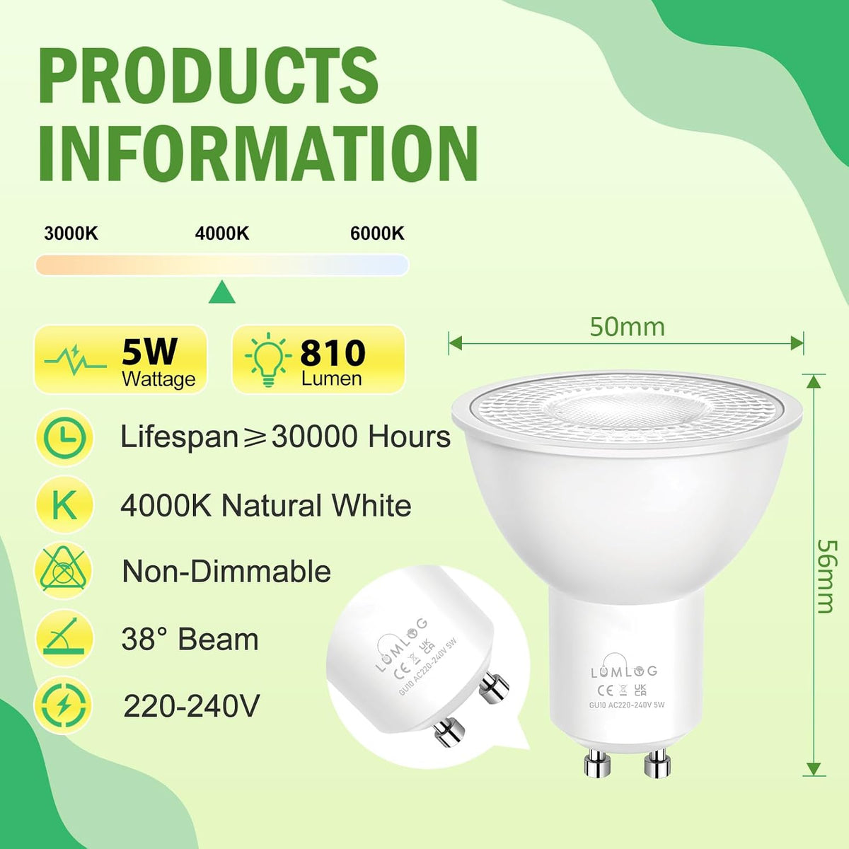GU10 Led Bulbs Natural White 4000K, 5W Spotlight Light Bulb, 810LM Energy Saving LED Bulb, (50W Equivalent), Non-Flicker, Non-Dimmable, for Home Lighting, 10 Pack [Energy Class C]