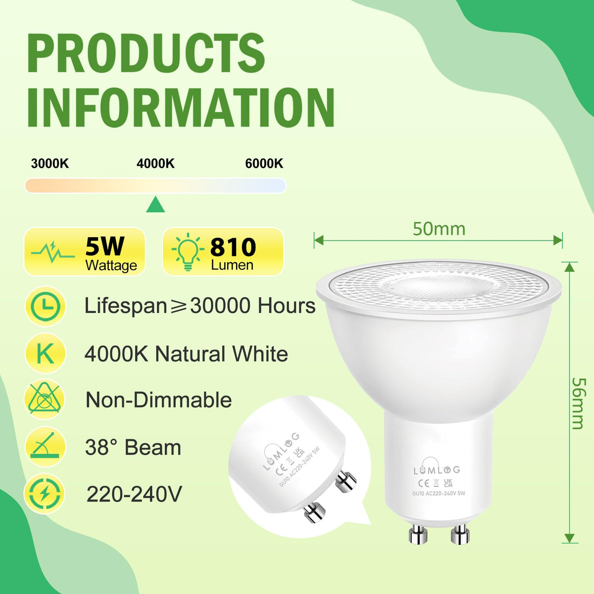 GU10 Led Bulbs Natural White 4000K, 5W Spotlight Light Bulb, 810LM Energy Saving LED Bulb, (50W Equivalent), Non-Flicker, Non-Dimmable, for Home Lighting, 10 Pack [Energy Class C]