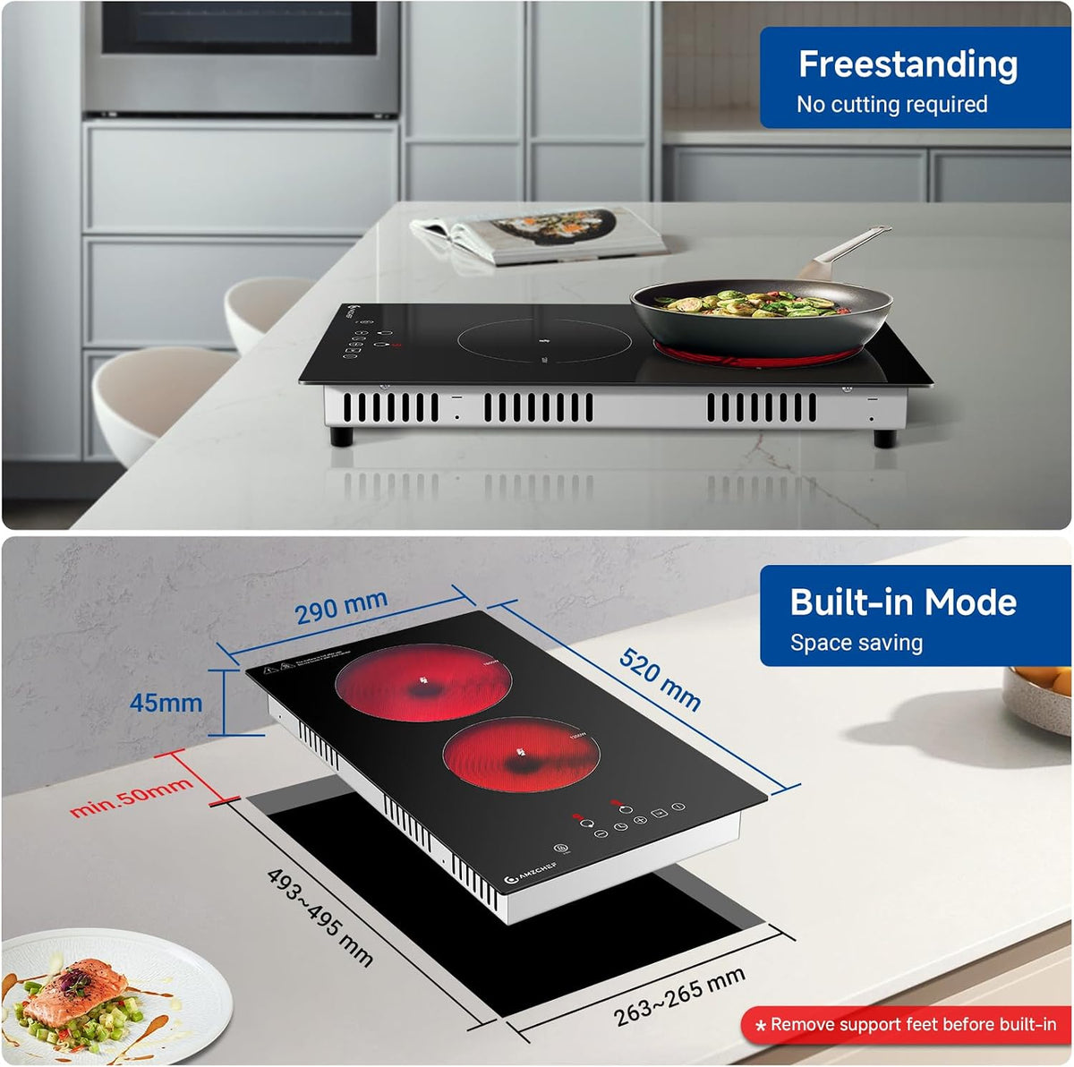 AMZCHEF Ceramic Hob 2 Zones, 3000W Electric Hob 2 Ring, Table Top & Built-in Dual installation, Plug and Play, 9 Power Levels, Timer & Pause Function, Child Lock, Easy Clean Frosted Glass Panel
