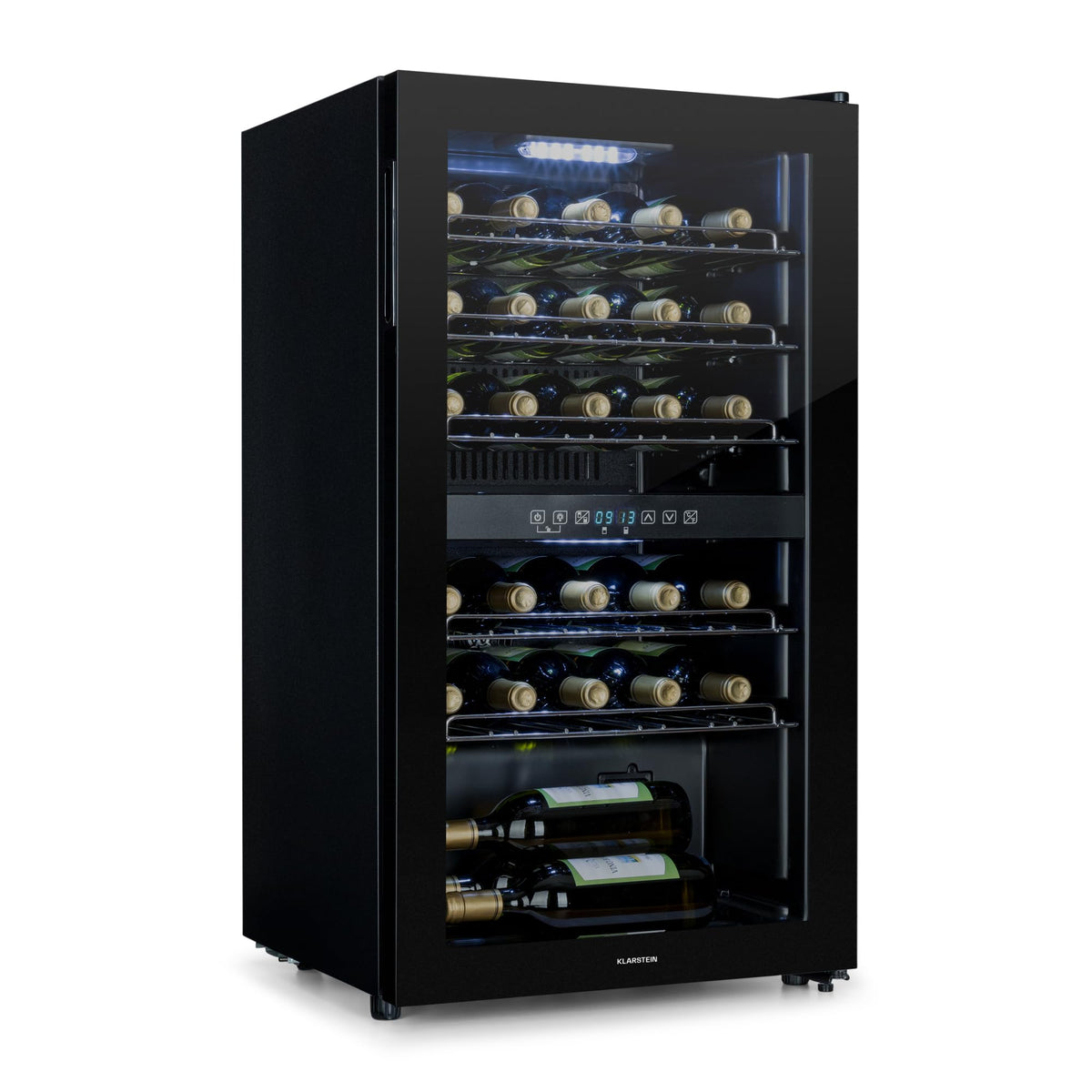 KLARSTEIN Shiraz Wine Cooler Black – 8 Bottles, 1 Zone | Freestanding Wine Fridge with Glass Door, Quiet, 5–18 °C, LED, Stainless Steel Frame