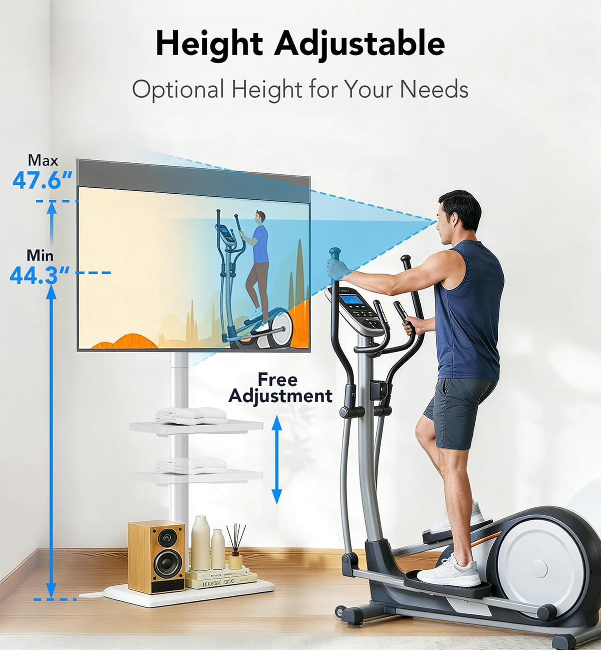 Floor TV Stand with Mount for 26-55 inch TVs up to 35 kg, Height Adjustable Swivel Tilt TV Stand with Wood Base & Shelf, Saving Space Design for Bedroom, Living Room and Corner, White