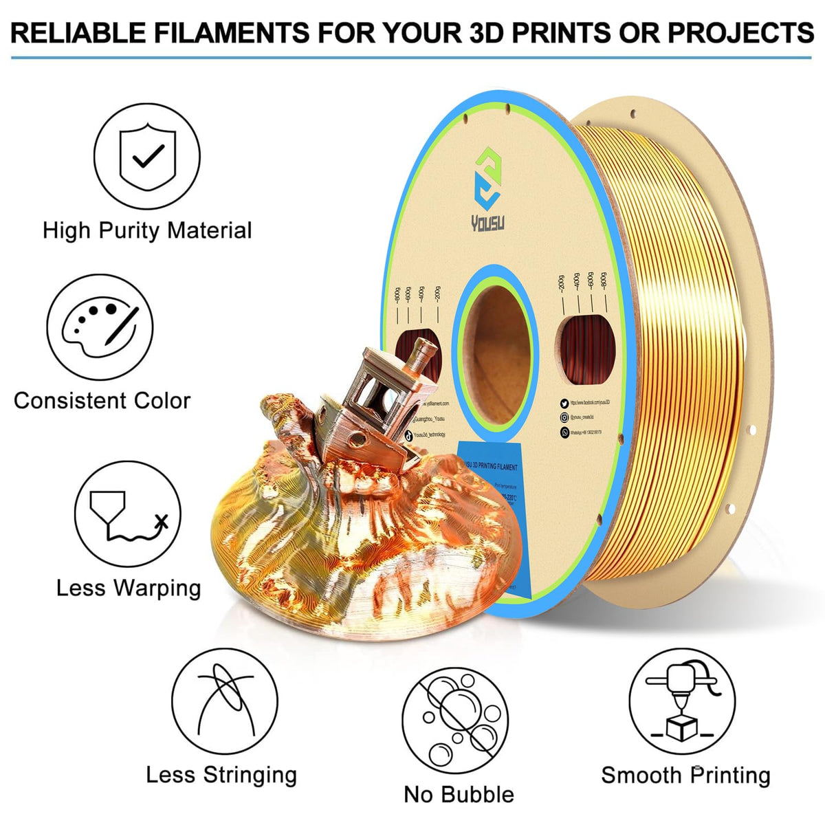 YOUSU 3D Printer Filament Bundle,Glow in The Dark Filament Multicolor,PLA Filament 1.75 mm,Green, Blue,Purple and Rainbow Accuracy +/- 0.03 mm,250g X 4 Pack