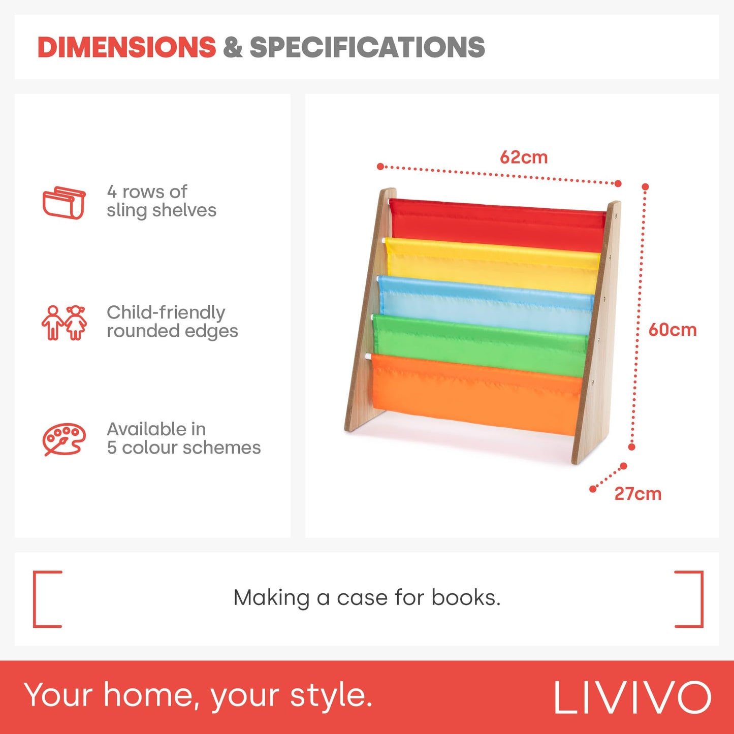 LIVIVO Colorful Kids Bookshelf - 4 Tier Children's Bookcase, Magazine and Book Storage Rack, Wooden Sling Book Organizer, Book Shelf for Kids Room, Bedroom, Nursery, Playroom (Natural)