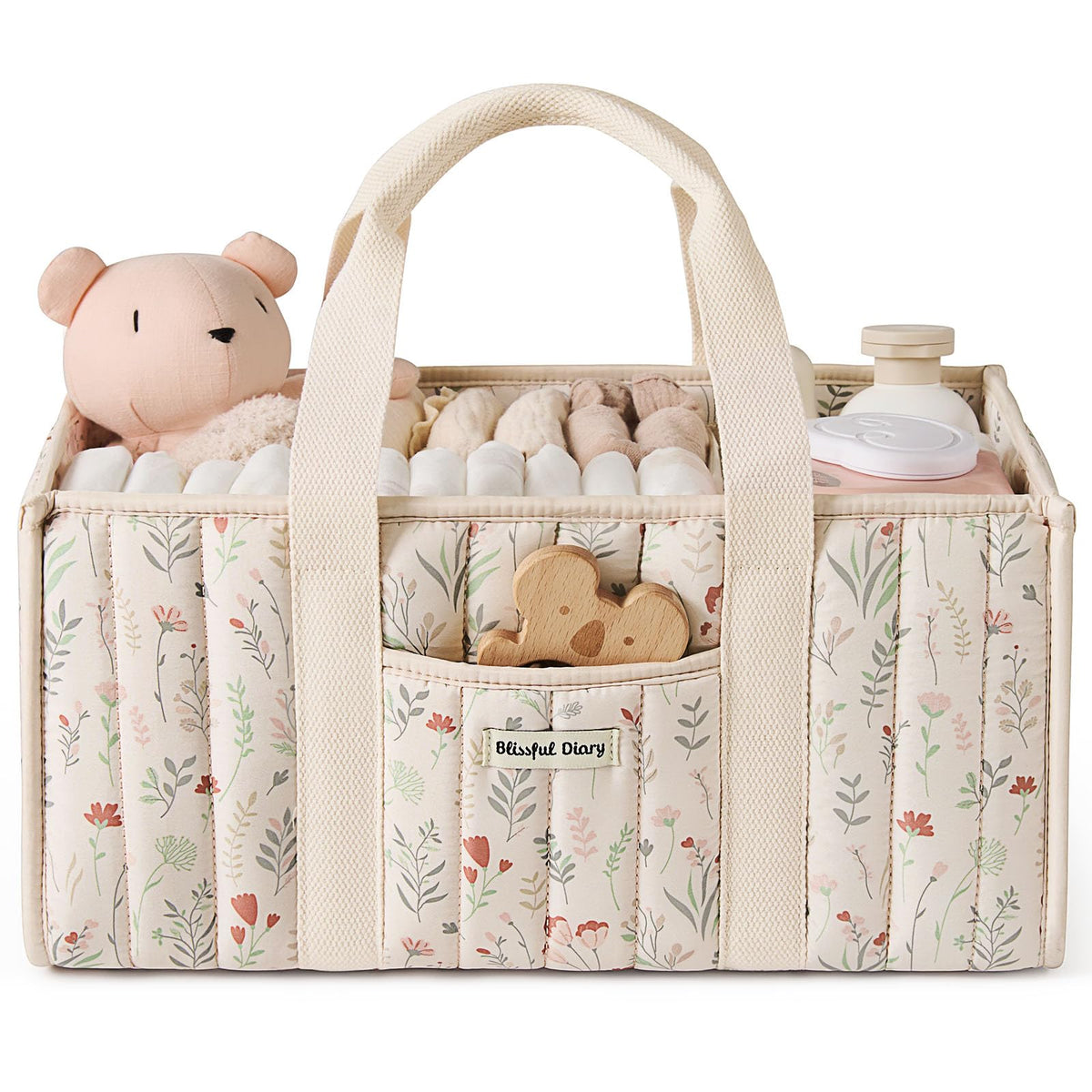 Blissful Diary Nappy Caddy Organiser, Baby Diaper Caddy for Nappy Station, Stylish Storage Basket for Newborn Essentials, Baby Shower Gifts for Girl or Boy, Woodland Cream