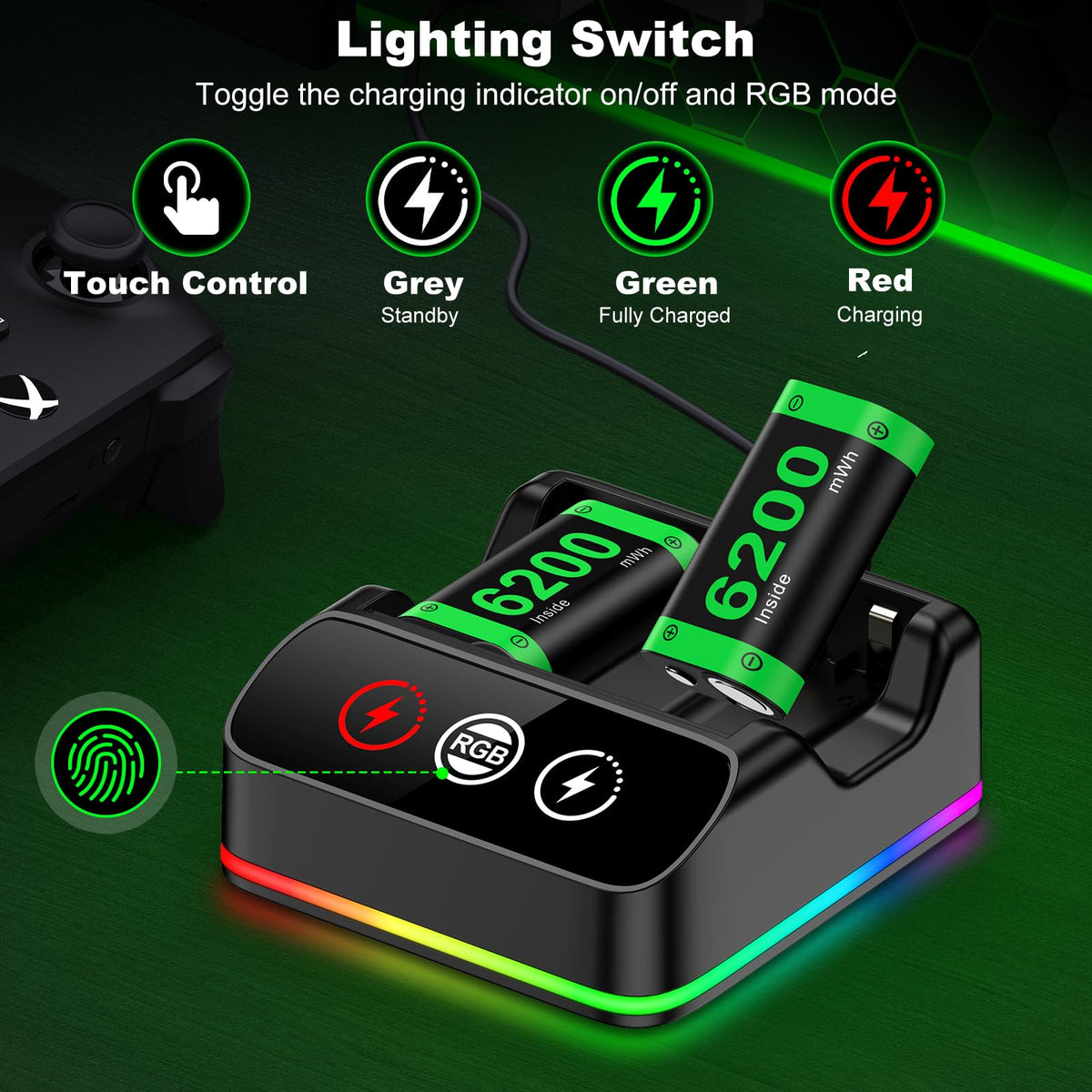 Rechargeable Battery Pack for Xbox One/Series Controller, 4x6200mWh Battery Pack with Charger/Cooling RGB/25H Playtime, Compatible with Xbox One/S/X/Elite 1, Series S/X Controller