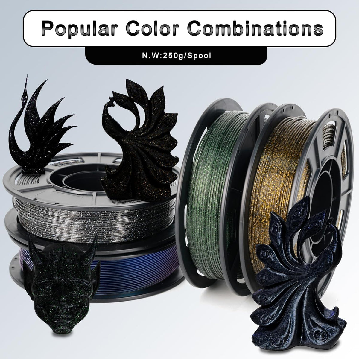 YOUSU 3D Printer Filament Bundle,Glow in The Dark Filament Multicolor,PLA Filament 1.75 mm,Green, Blue,Purple and Rainbow Accuracy +/- 0.03 mm,250g X 4 Pack