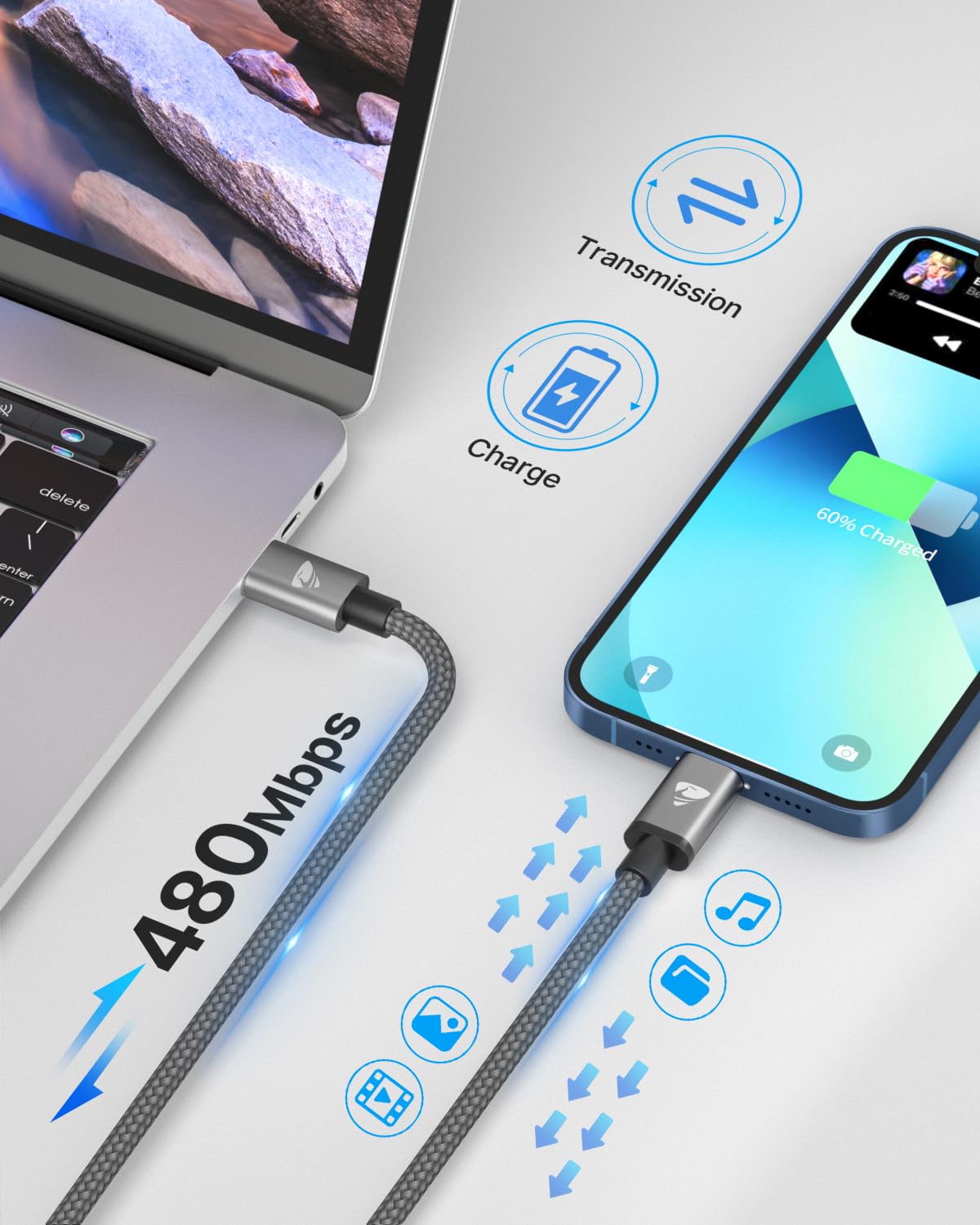 Aioneus USB C to Lightning Cable 2M [Apple MFi Certified] iPhone Fast Charger Cable USB-C Charging Lead Cord for iPhone14/13/12/12 PRO Max/12 Mini/11/11PRO/XS/Max/XR/X/8/8Plus/iPad
