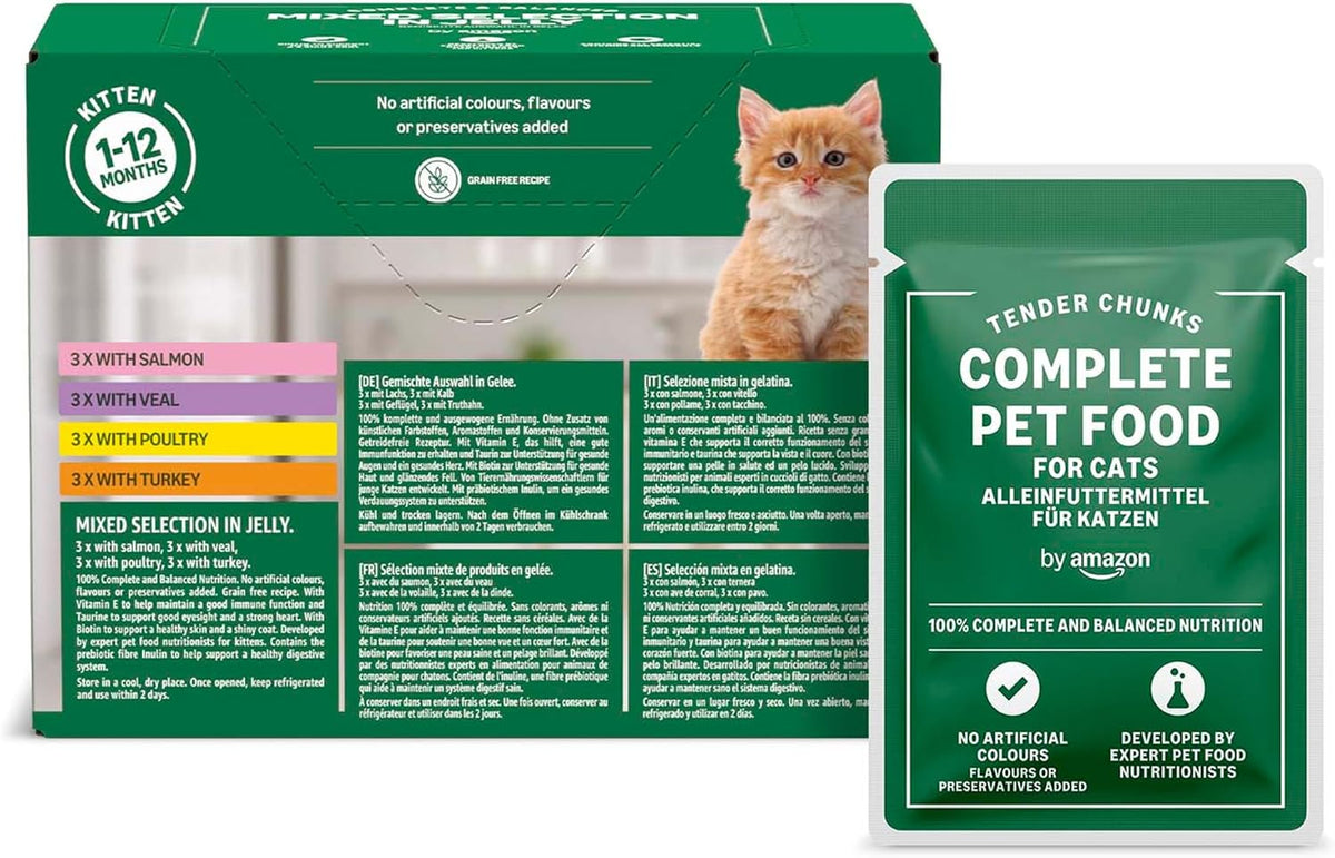 by Amazon Complete Wet Food for Kittens, Mixed Selection in Jelly, 1.2kg (12 pouches of 100g)
