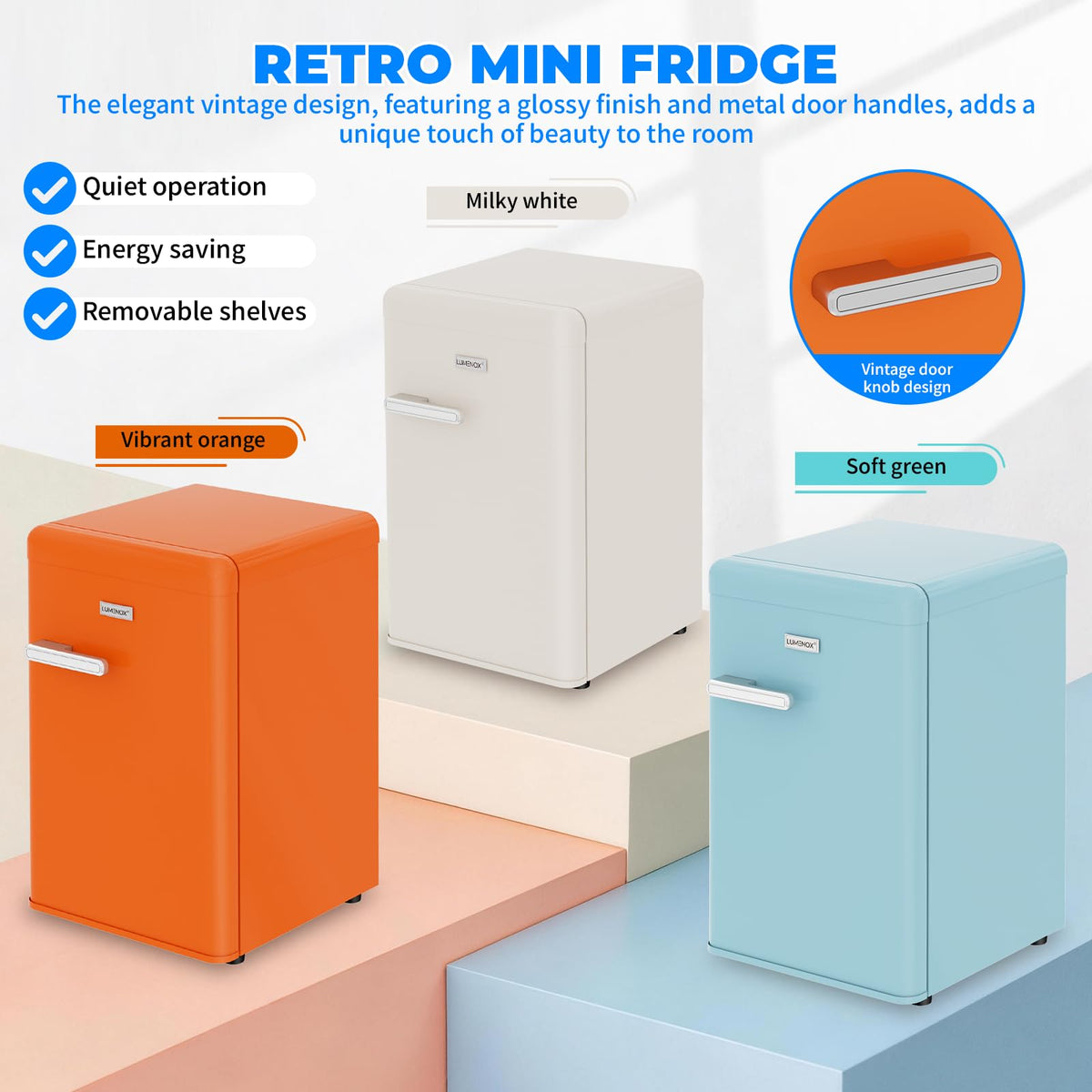 Retro Mini Fridge, 72L Compact Refrigerator, 43dB Quiet Operation, Adjustable 7-Temp Control, with LED Light, for Bedroom, Office, Kitchen & RV