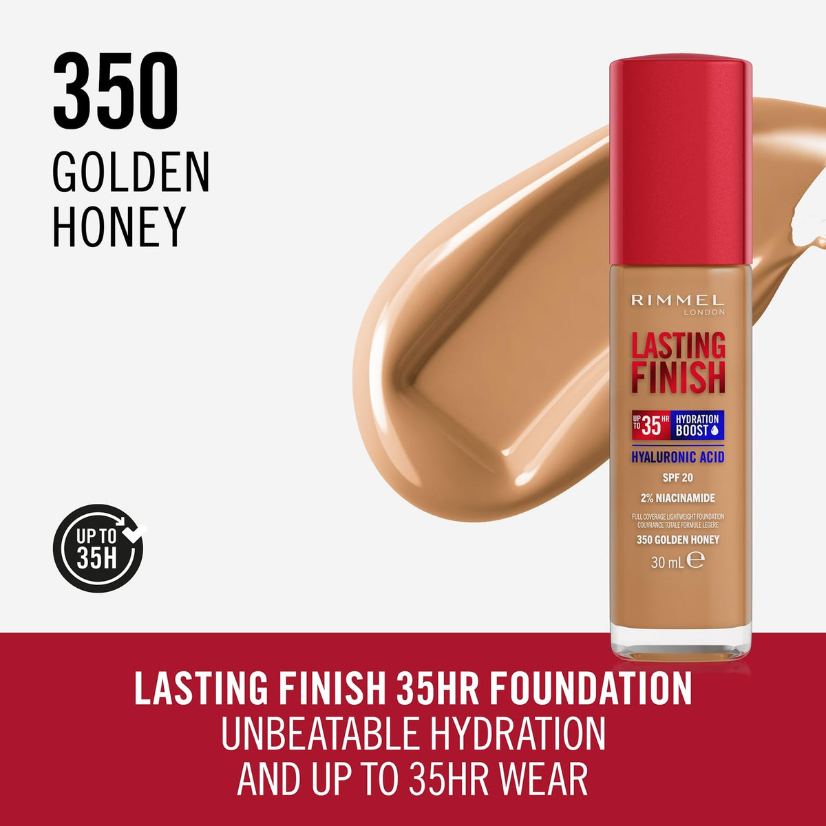 Rimmel Lasting Finish 35Hr Foundation 300 Sand, Full Coverage, Hydrating, SPF20, Hyaluronic Acid, Vitamin E, 2% Niacinamide, All Day Wear, Vegan, Cruelty Free