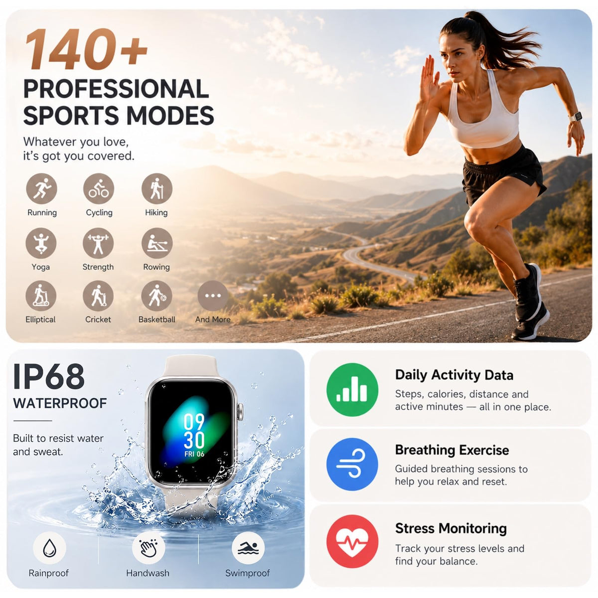 Smart Watch for Men Women Answer/Make Call, 1.85" Smartwatch, Fitness Watch with Heart Rate Blood Pressure Sleep Monitor,IP68 Waterproof Step Counter Watch Compatible Android IOS Black