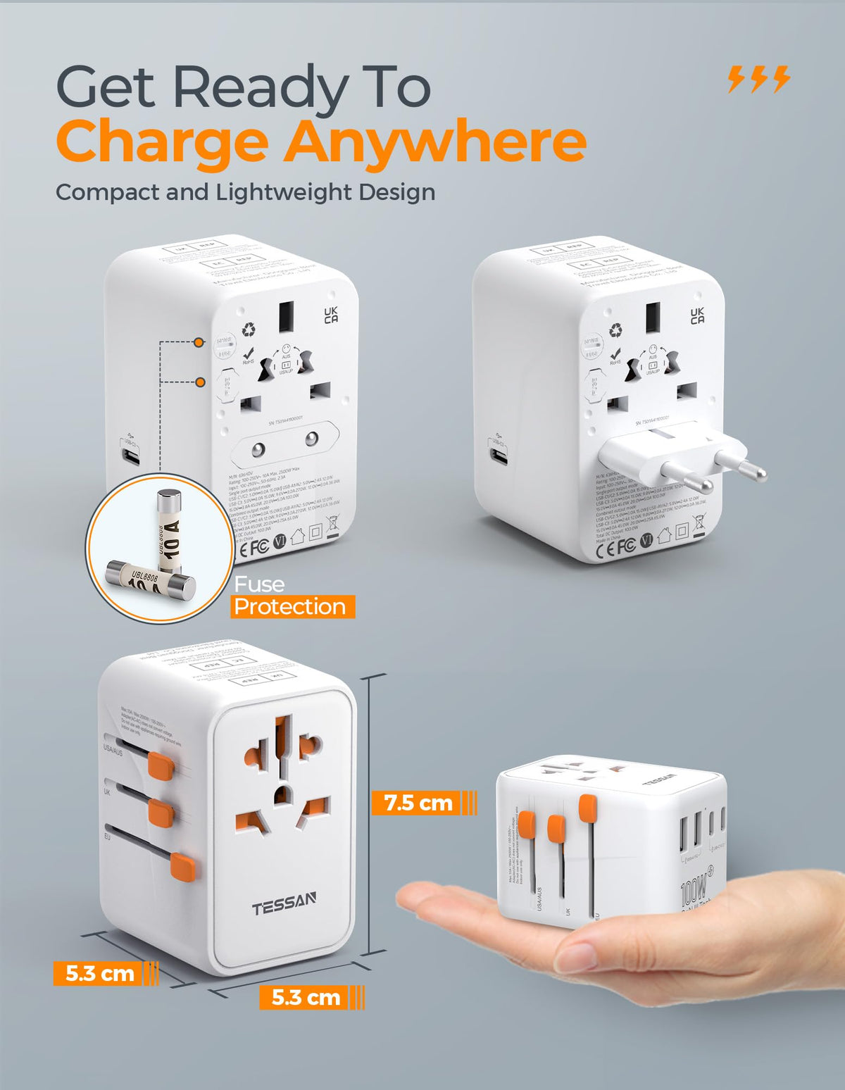 TESSAN Universal Travel Adapter, 28W Worldwide Plug with 2 USBA and 3 USBC