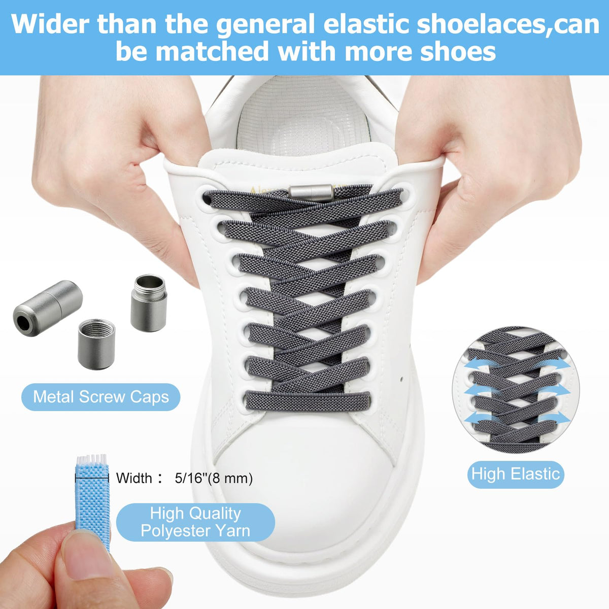 2 Pairs Elastic Shoe Laces for Trainers, 8mm Shoelace