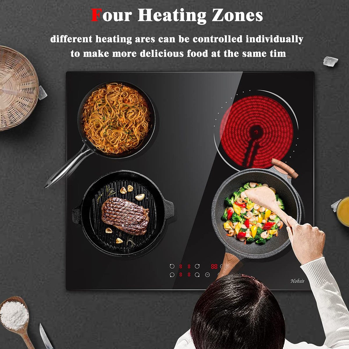 Hobsir Ceramic Hob with Knobs, Built-in Electric Cooker Hob 4 Burners 60 cm