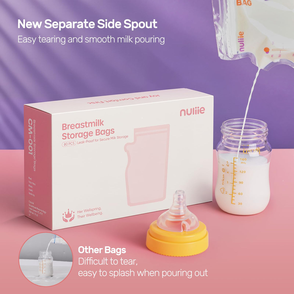 Nuliie 120 Pcs Breast Milk Storage Bags, 250ml BPA Free Milk Storage Bags with Pour Spout for Breastfeeding, Self-Standing or Flat Pre-sterilised Bag, Space Saving for Fridge or Freezer Use