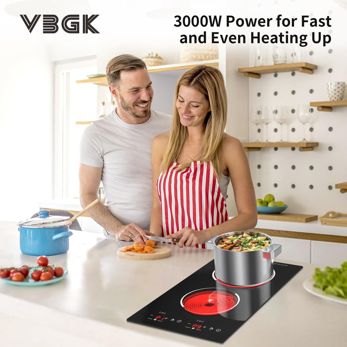 VBGK Double Induction Hob,220V 3600W 2 Ring Induction Hob with Knob Control,9 Power Levels, Kids Lock & Timer,LED Touch Control,Overheat Protection