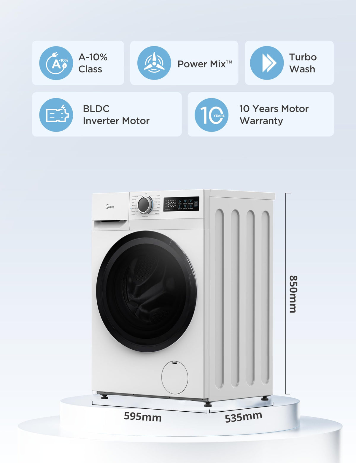 Midea 10kg Washing Machine A-10% Energy Class 1400rpm BLDC Motor Slim White