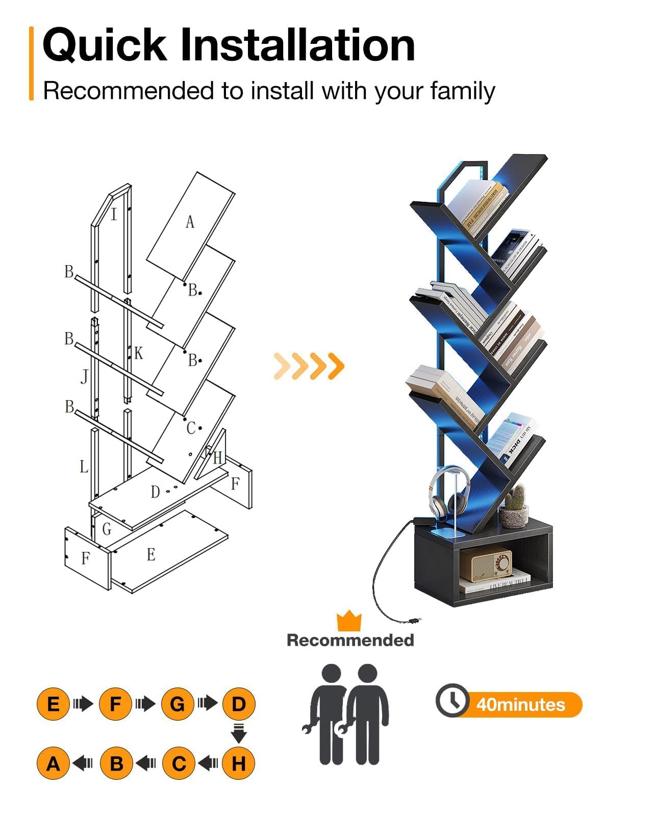 Coleshome Tree Bookshelf, 6-Tier Floor Standing Bookcase, Bookcases suitable for bedrooms and living rooms, Wooden bookshelves suitable for bedrooms and living rooms, White